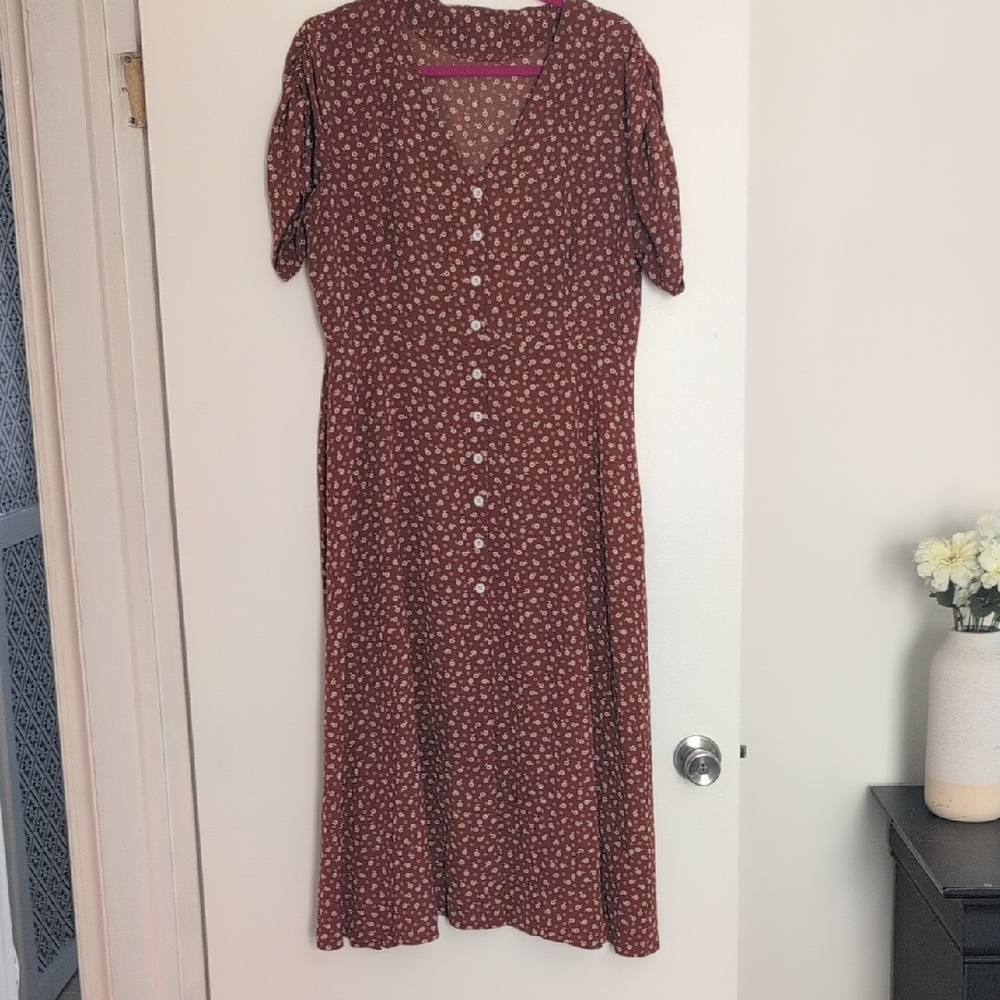 SHEIN Maroon Floral Button Midi Dress